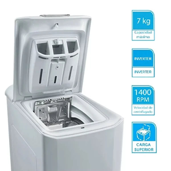 Lavarropa INVERTER Candy carga superior 7 kg, 1400 RPM CSTG 47TME1-S